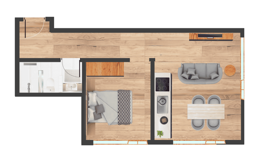 Dom 4545 – Besitzen Sie Ihr exklusives Hotelstudio oder Ihre Hotelsuite in Saas-Fee – betrieben von Dorint Hotels & Resorts. Apartment 111 2.5 Zimmerwohnung Südbalkon.